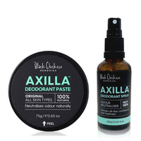 Black Chicken Remedies Axilla deodorant paste and spray on a white background