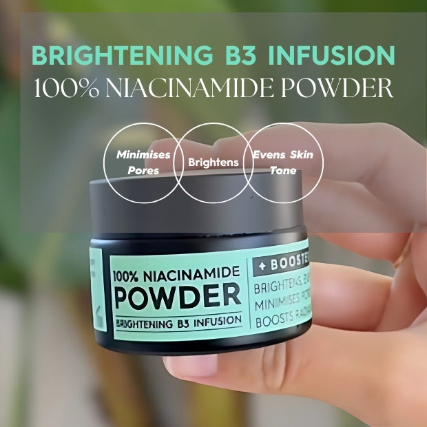 Jar of 100% Niacinamide Powder with text highlighting benefits on a blurred background