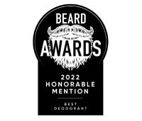 Black and white award badge for 'Beard Awards 2022 Honorable Mention' on a black background
