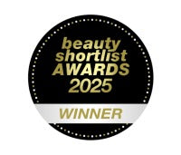 Badge for beauty shortlist awards 2025 winner with gold text on a black background