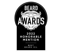 Black and white award badge for 'Beard Awards 2022 Honorable Mention' by Bilt Beard Oil.